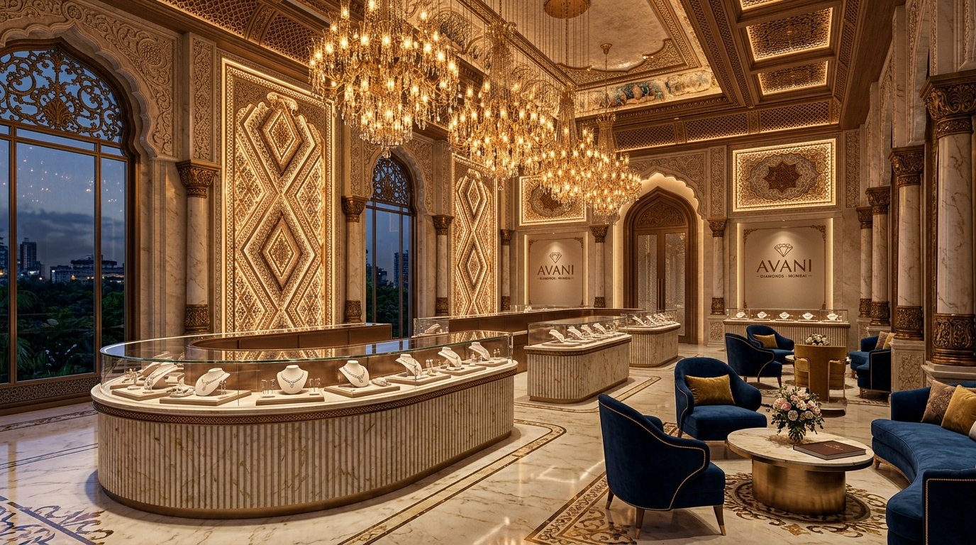High End Luxury Jewellery Showroom Interior Design in Mumbai with Gold Chandeliers and Diamond Motifs by ERENDERS